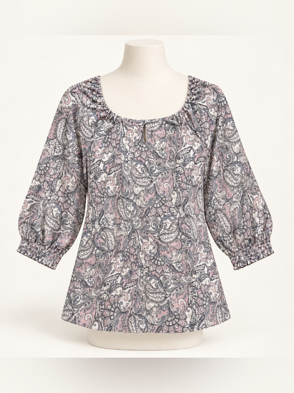 J.Jill Paisley Square Neck Smocked Cuff Boho Grandmacore Cotton Modal Top Size L